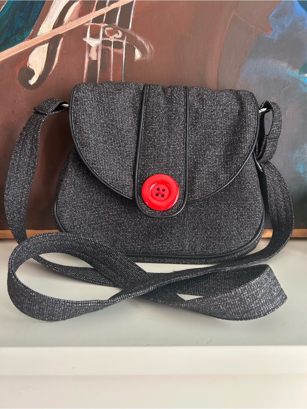 Jak’s Black Textured Crossbody Bag Red Button Retro Y2K Shoulder Purse - Picture 2 of 16